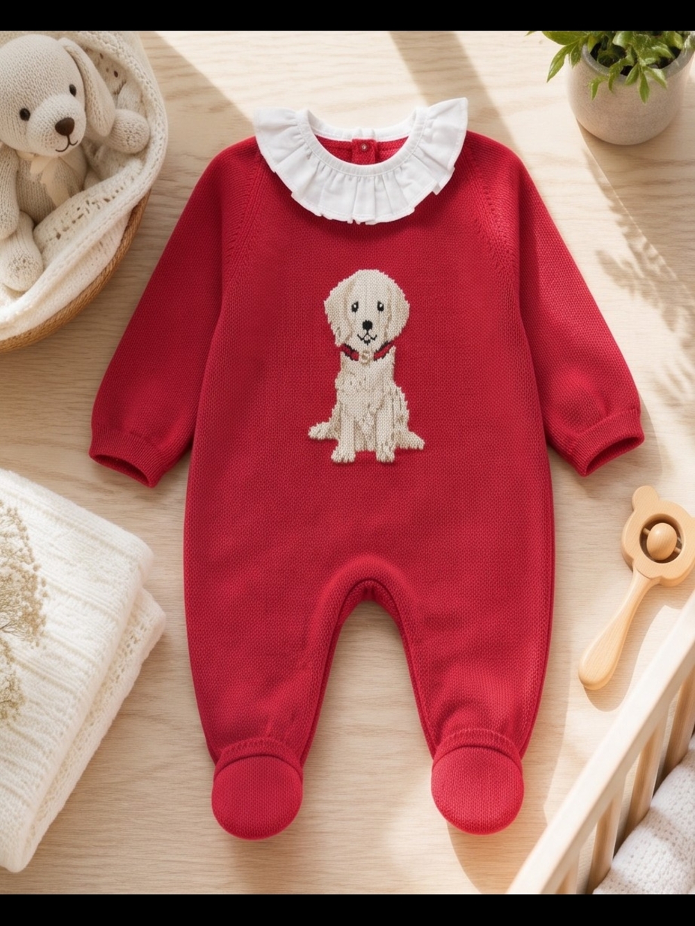 Edgehill Collection Red Baby Footie with Dog Motif
